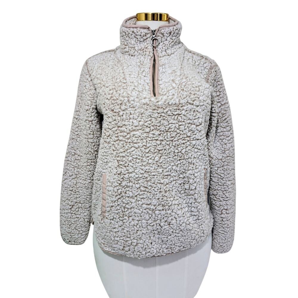 TS Beige Sherpa Quarter Zip Pullover with Kangaroo Pocket Size Small